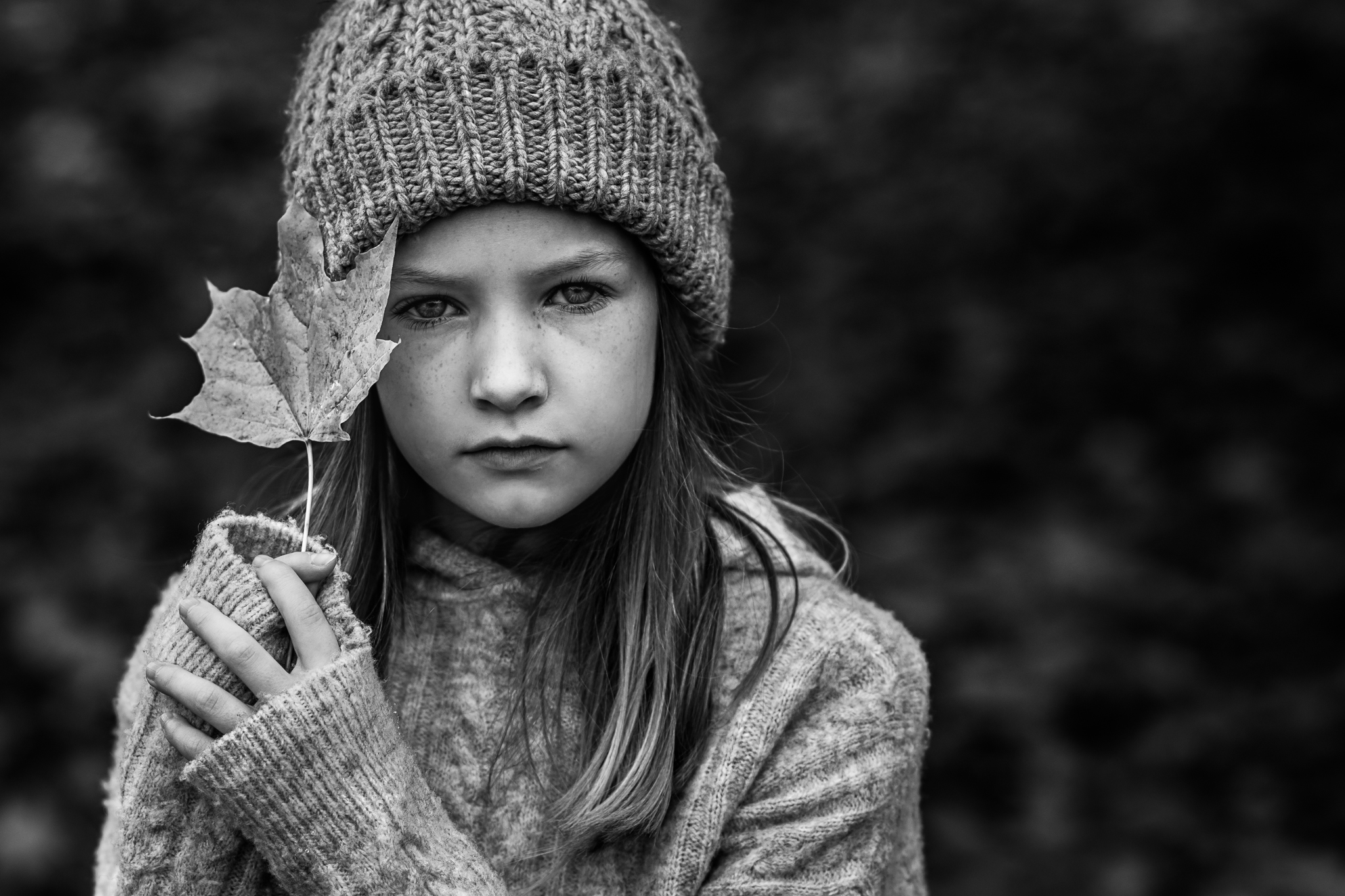 Autumn black and white portrait of girl