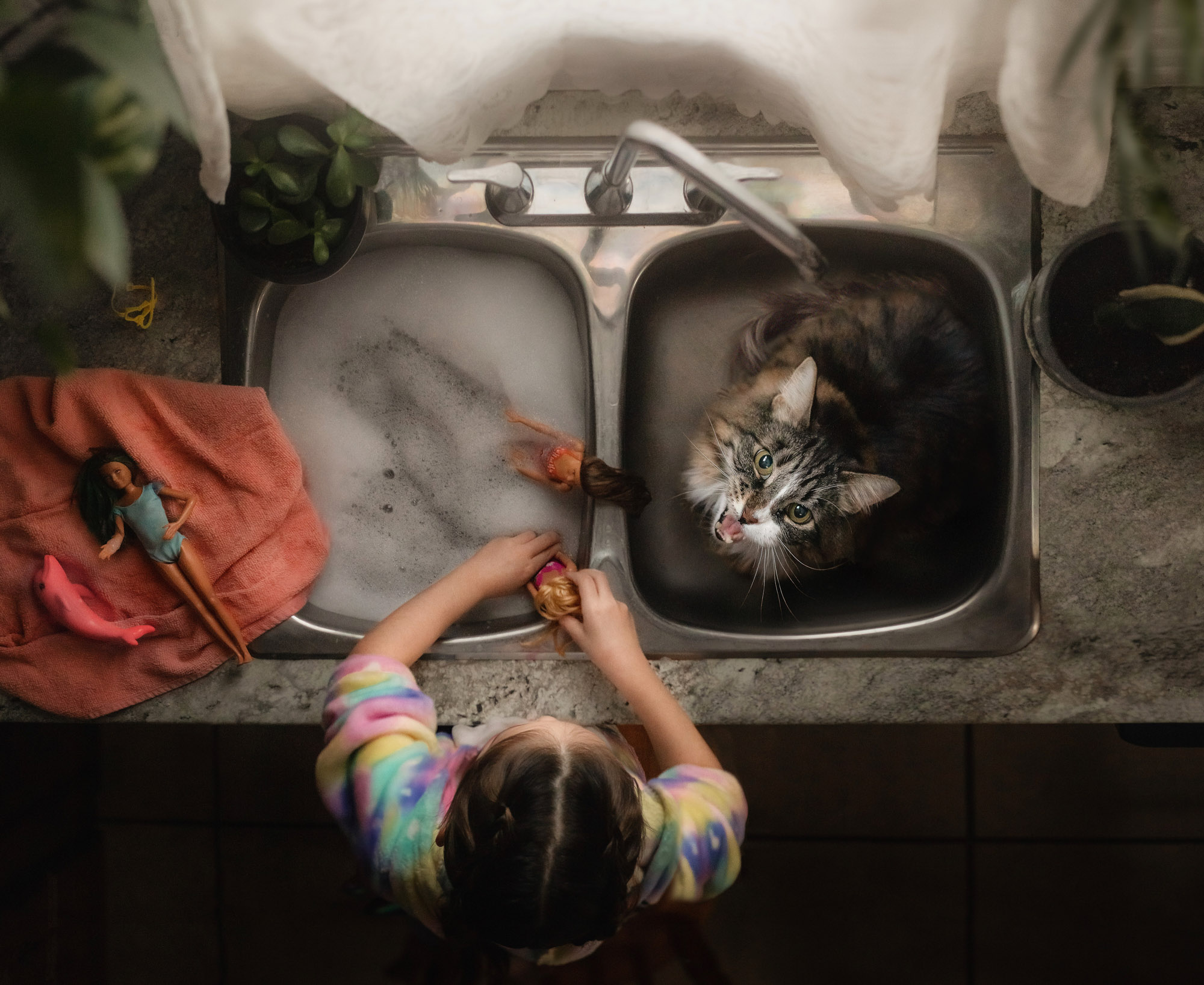 one lens challenge - girl washing barbie in the sink with a cat 