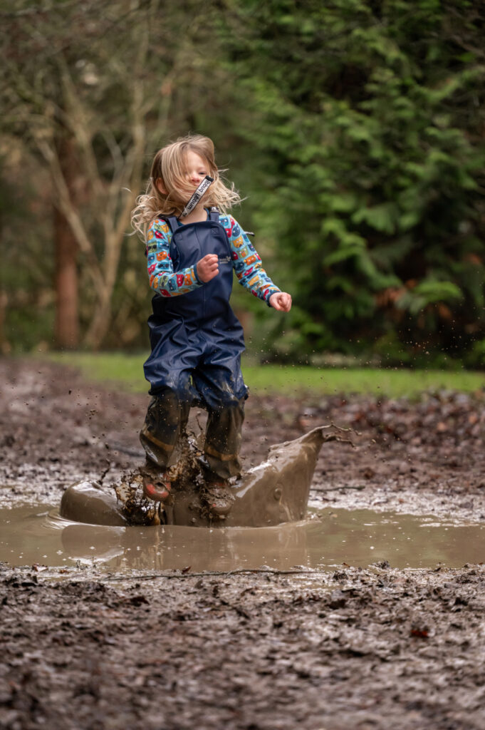 Capturing action by freezing motion - girl jumping in a puddle