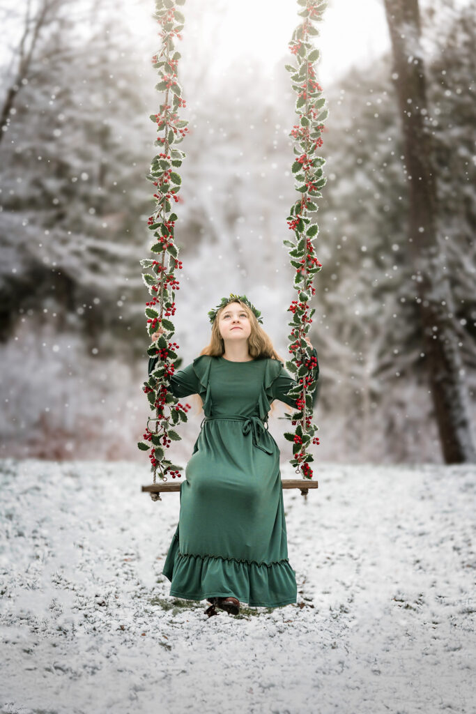In this winter image of a girl on a swing in the snow, I used Winter Embrace presets to edit the image.