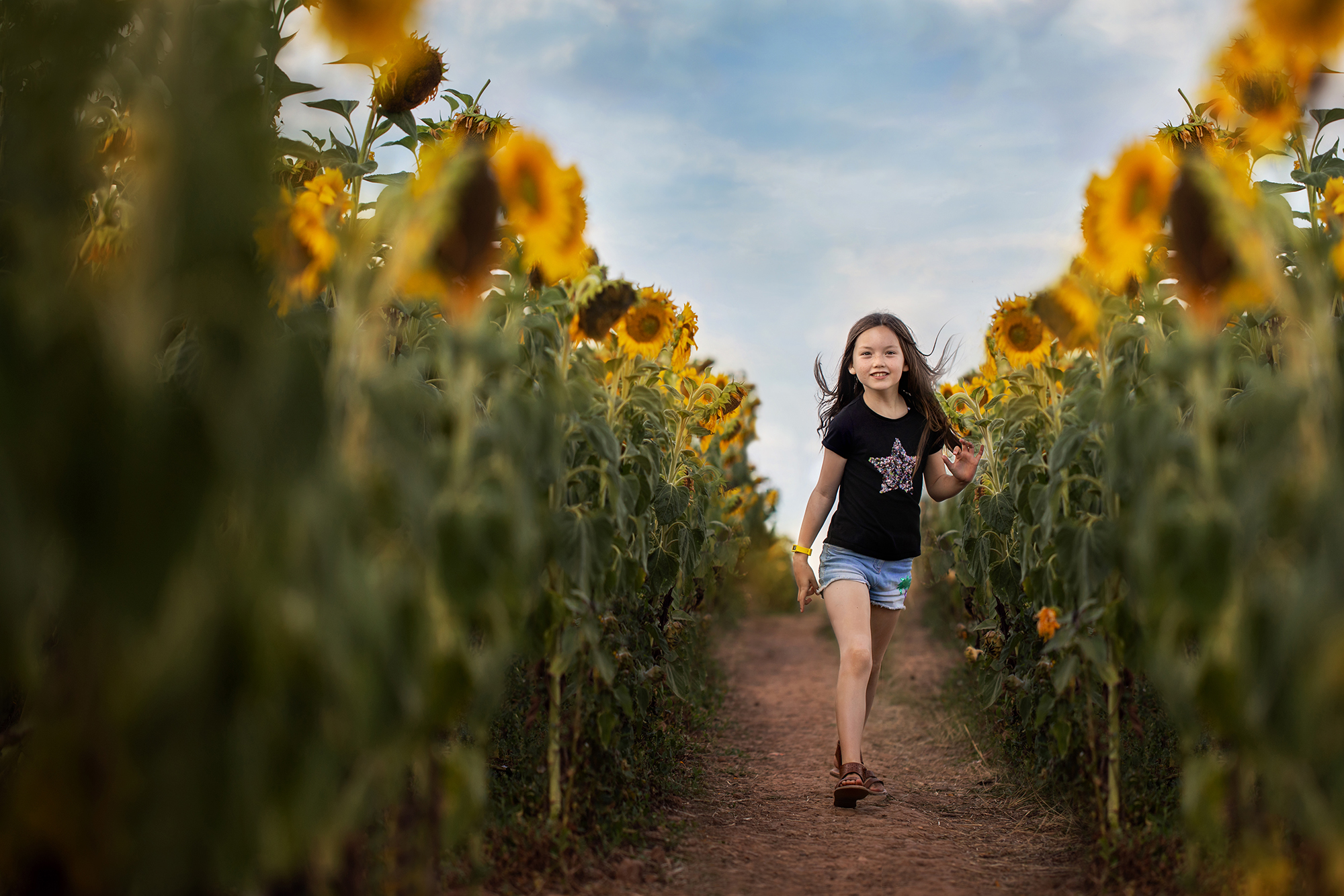 5 Ways to Have Fun with Colour - little girl wallking through field of colourful sunflowers