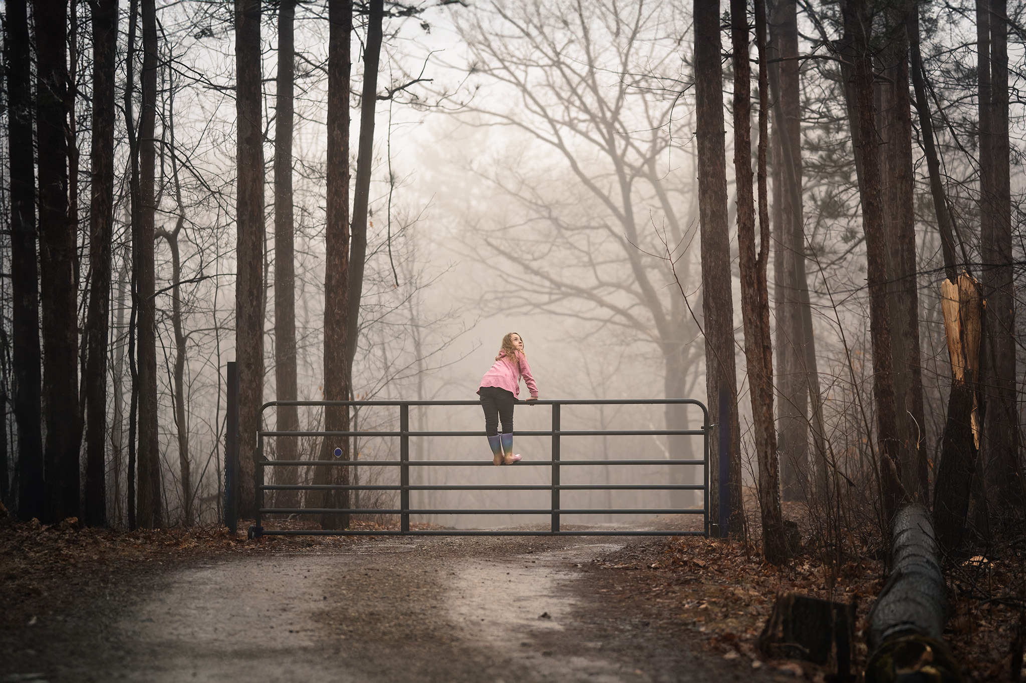 Girl in the fog framed by trees